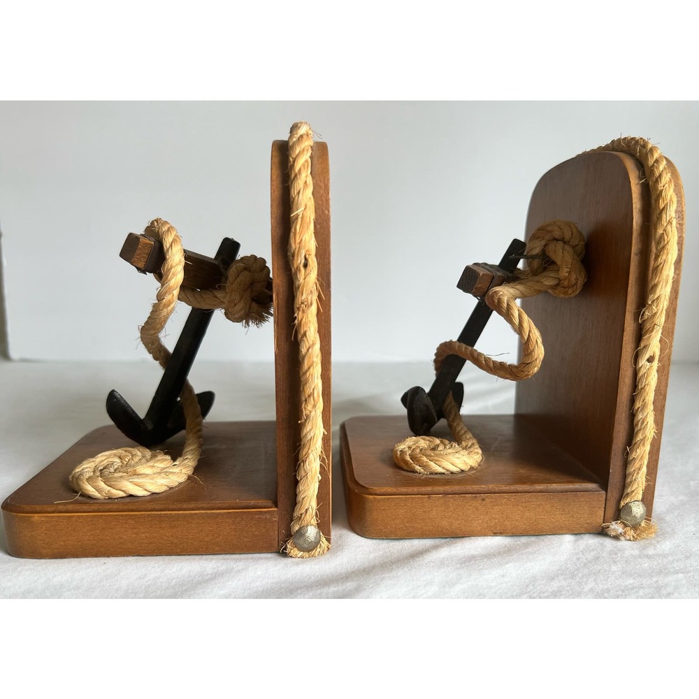 Vintage Anchor Bookends Wooden with Anchor Rope Nautical - Picture 6 of 10